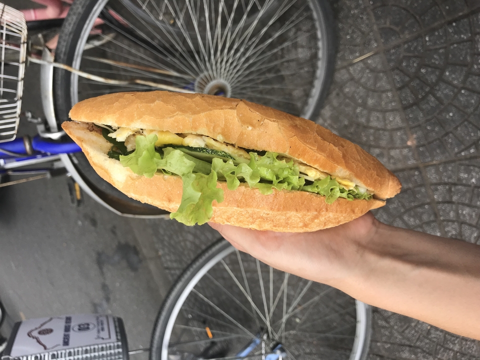 I notice the text you've asked me to translate from English to French actually appears to be describing an image and contains "Bánh mì" which is Vietnamese, not English.
However, translating the descriptive text to French:
"Sandwich bánh mì tenu dans la main, avec une roue de bicyclette visible en arrière-plan."
