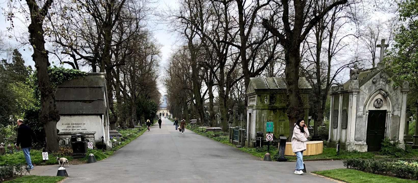 Des personnes marchant le long d'un sentier dans un cimetière avec des tombes et des arbres.