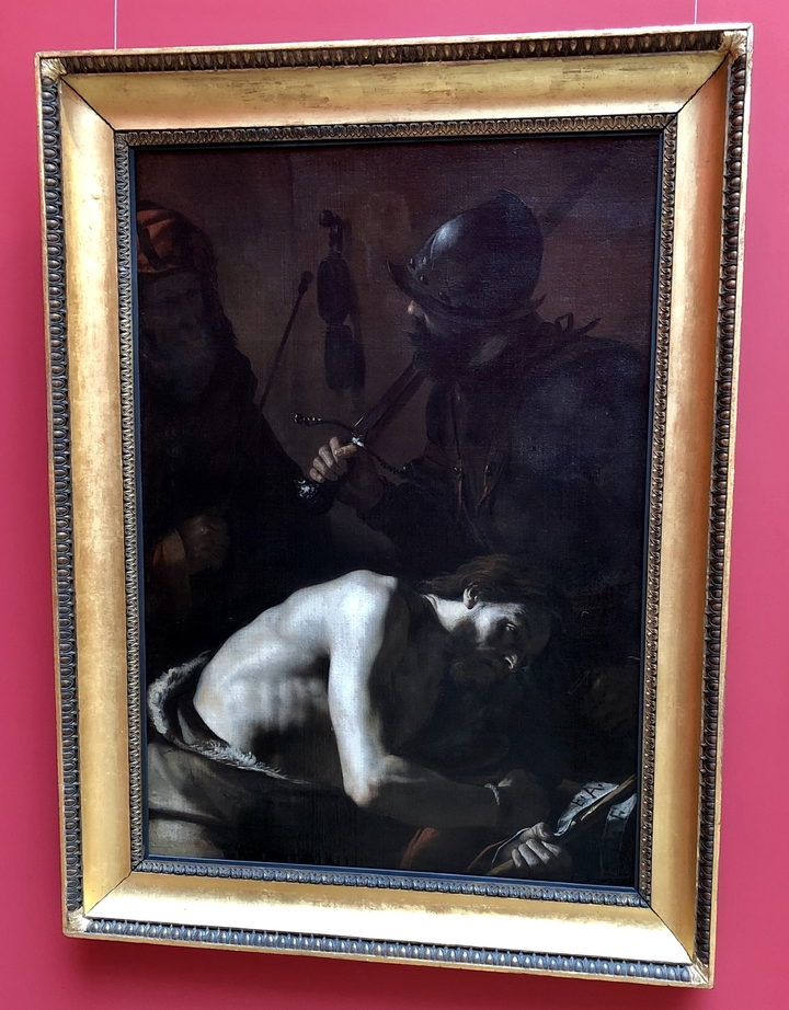 Peinture d'une scène historique avec un homme tenant une épée.