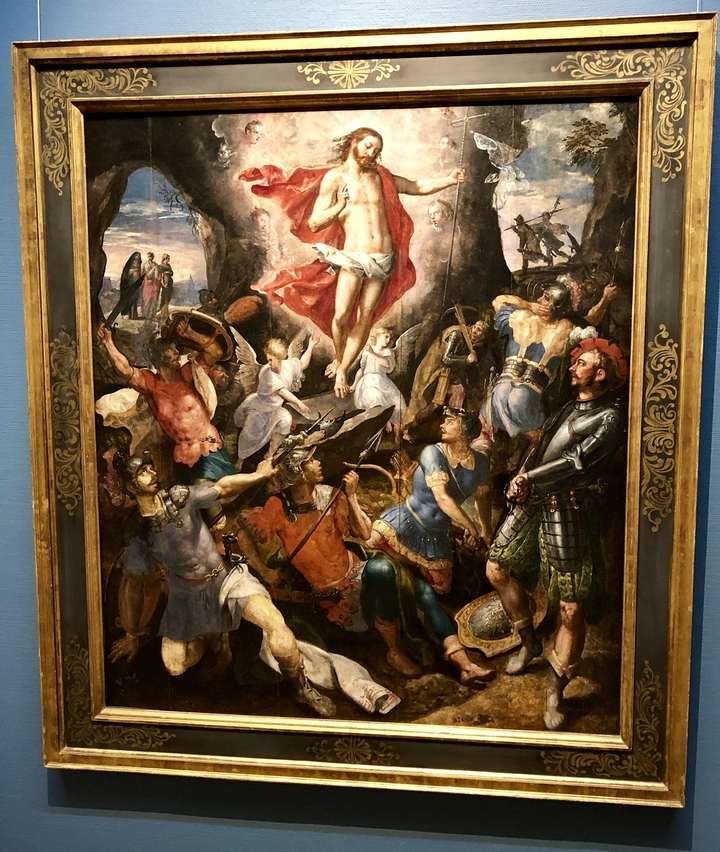 Peinture colorée et dynamique représentant une scène religieuse ou historique.