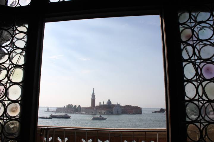 View of San Giorgio Maggiore across the water from a window.