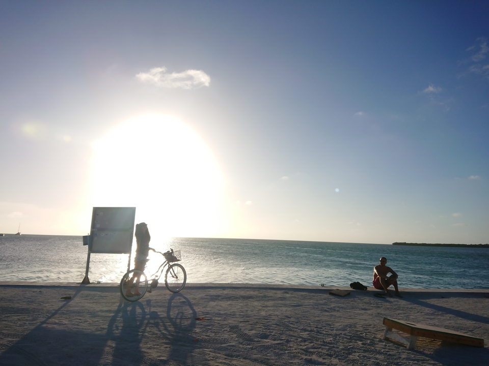 Cycliste près du rivage au coucher du soleil avec un soleil brillant à l'horizon.