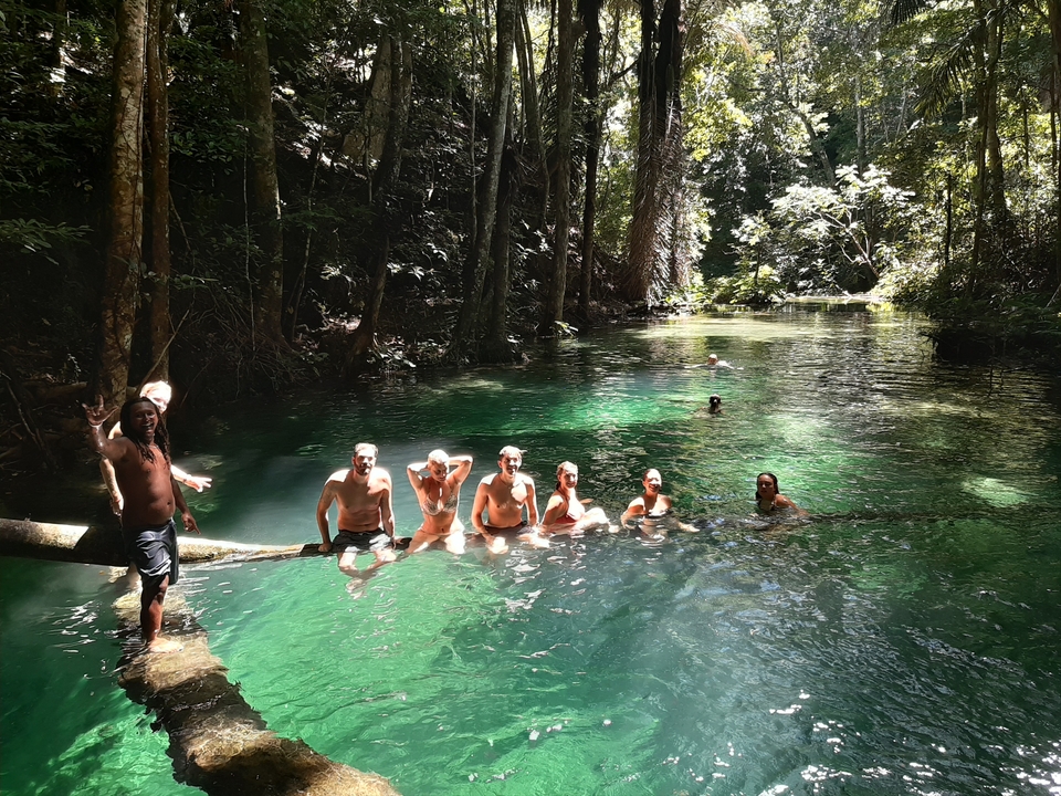 Group of people enjoying a natural pool surrounded by forest.