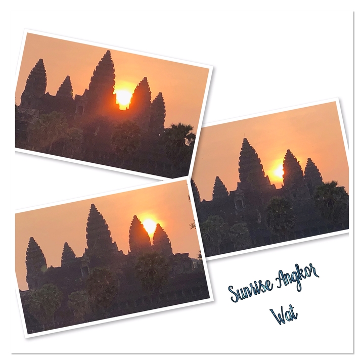 Collage de vues de coucher de soleil et de silhouettes de temples à Angkor.