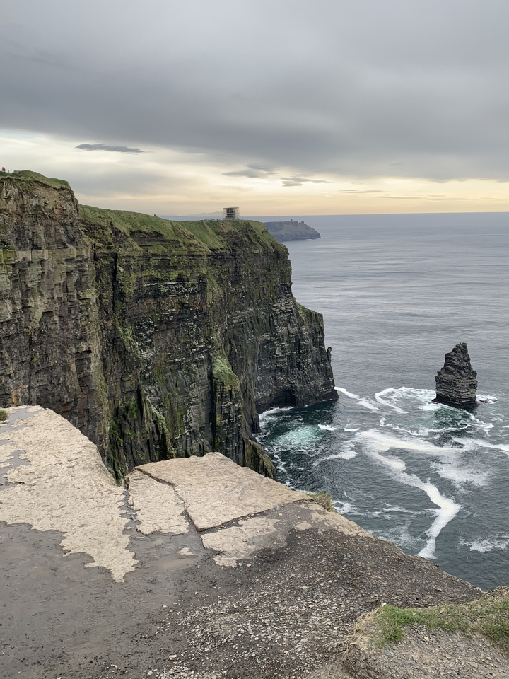 Dramatic cliffs against the ocean under a cloudy sky