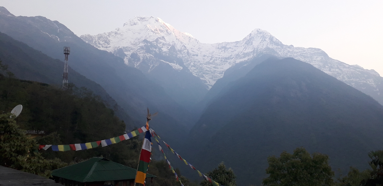 Montagnes enneigées avec des drapeaux de prière au premier plan.
