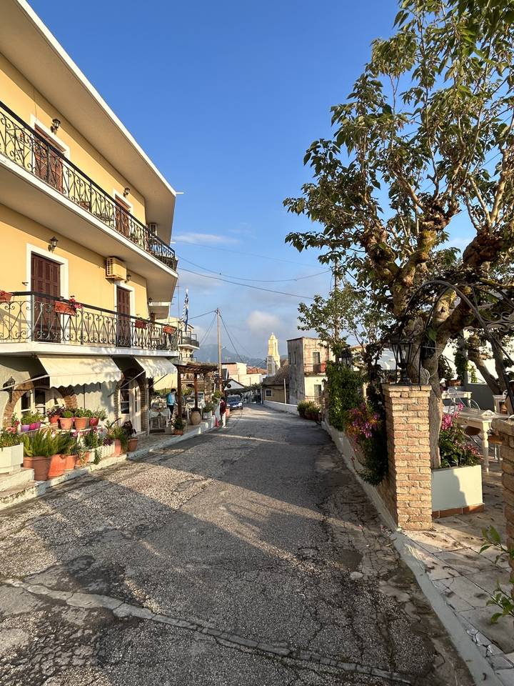 Rue résidentielle avec des bâtiments et un arbre sous un ciel bleu.