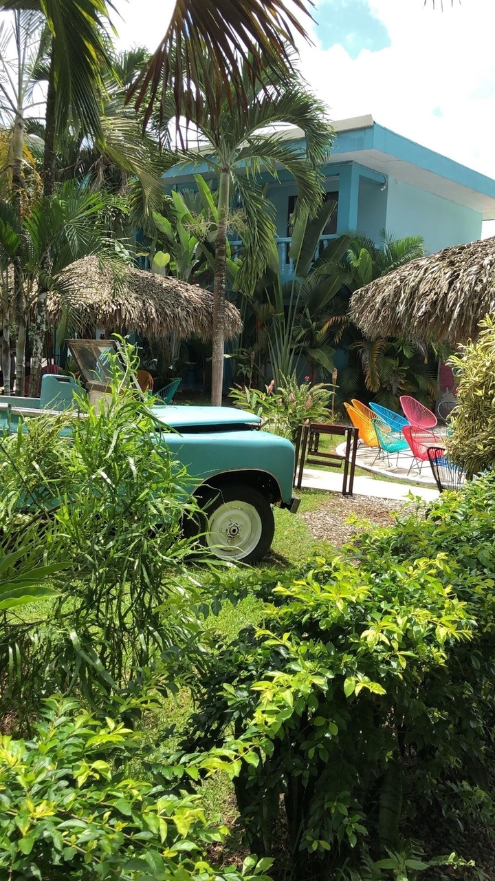 Espace extérieur avec chaises colorées et véhicule vintage.