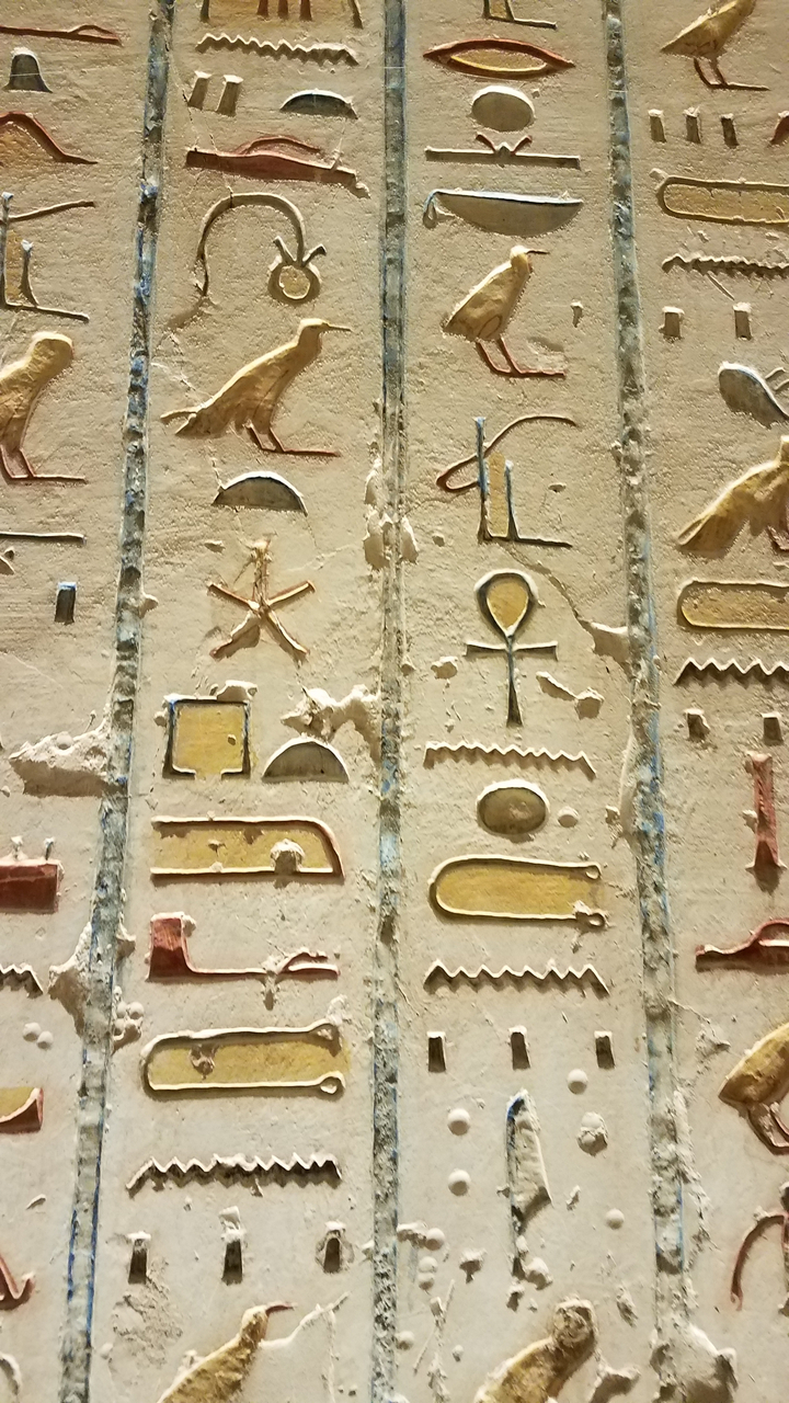 Hiéroglyphes sculptés sur un mur de l'Égypte antique.