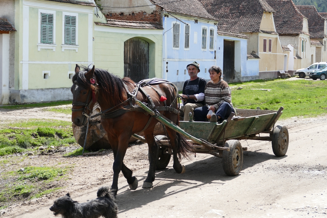 Des gens dans une charrette tirée par un cheval dans un village.