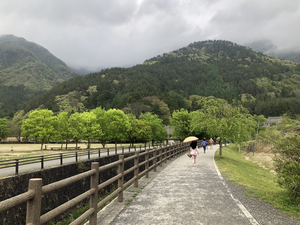 Des gens marchant sur un sentier avec des montagnes et des arbres.