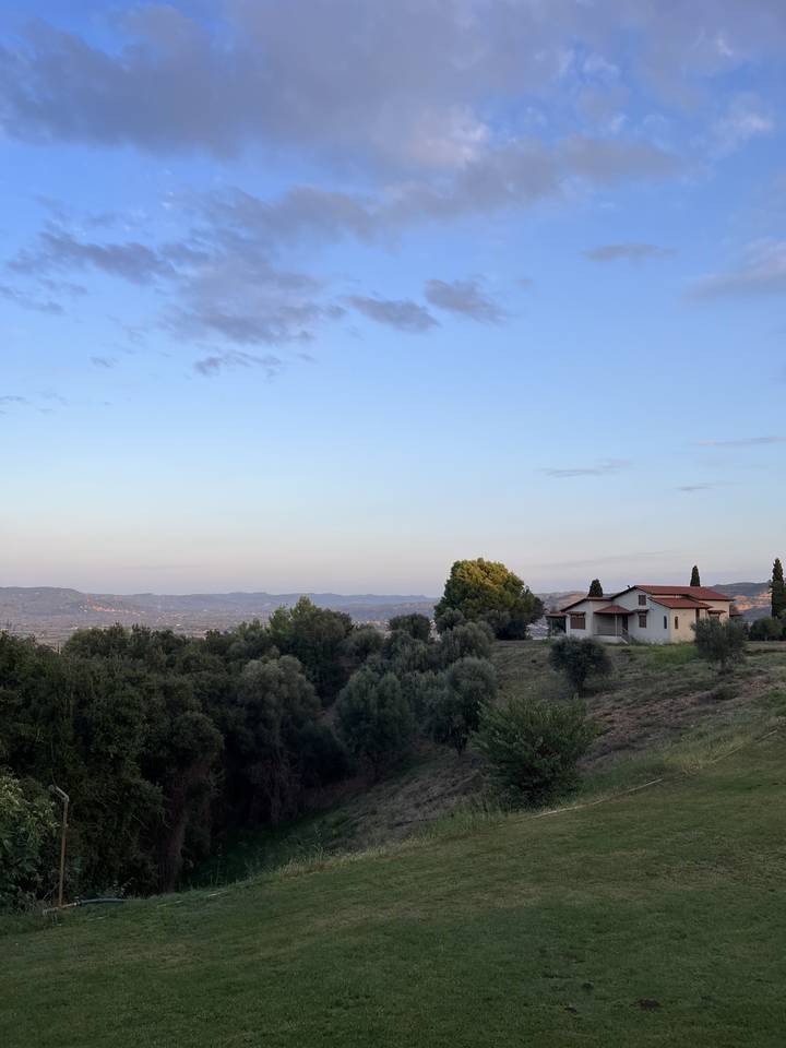 Vue paysagère avec de l'herbe et des bâtiments lointains sous un ciel bleu.