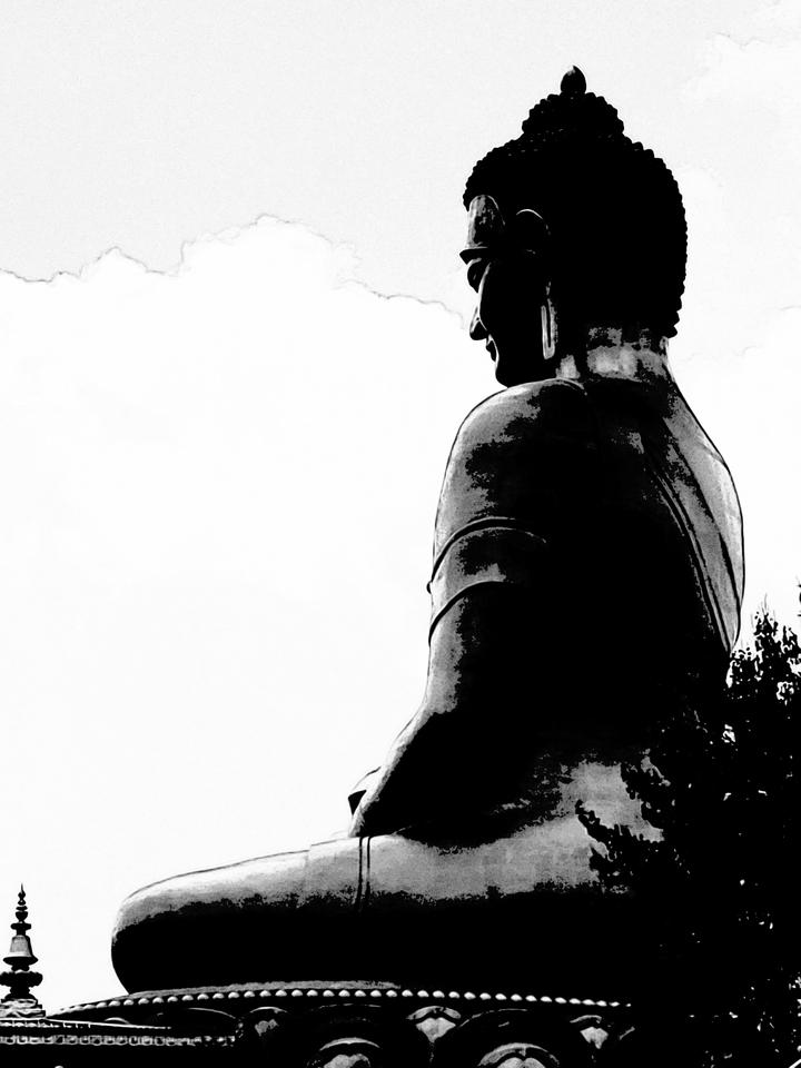 Photo artistique en noir et blanc d'une grande statue se détachant contre un ciel lumineux.