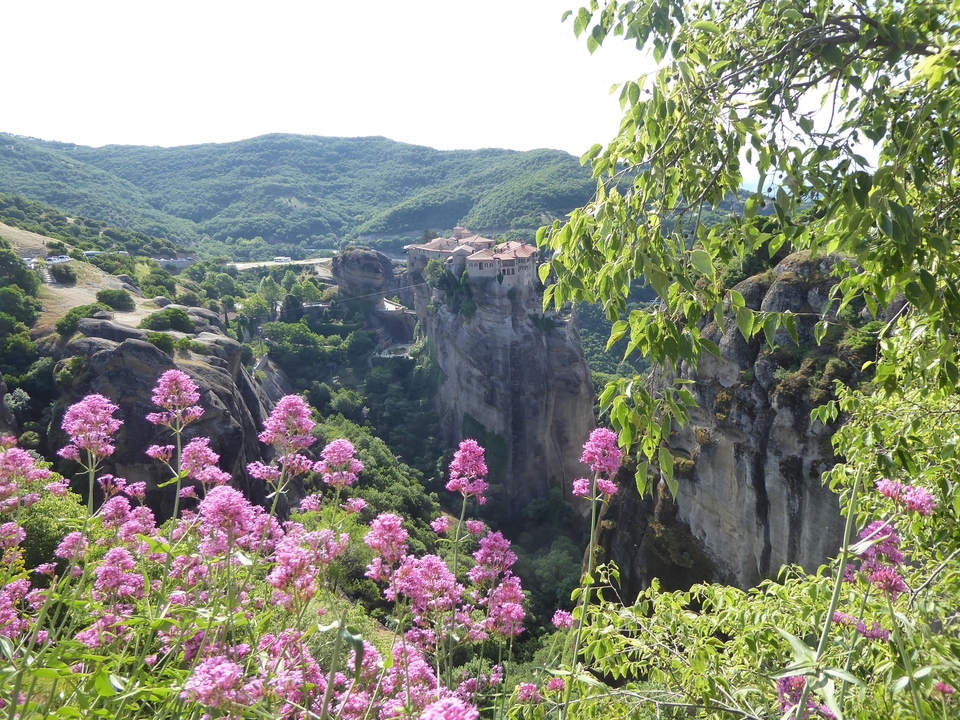 Une vue pittoresque d'un monastère sur une formation rocheuse avec des fleurs roses.