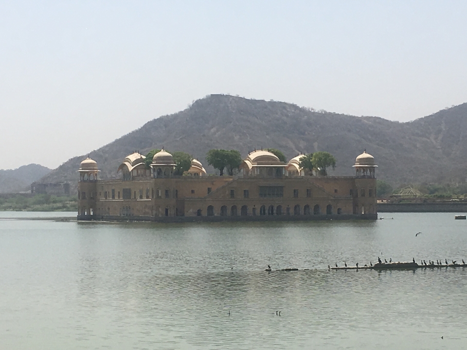 Vue du Jal Mahal, un palais situé au milieu d'un lac.