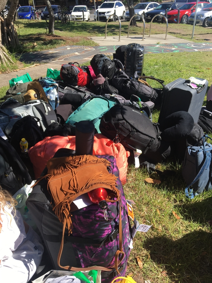 Un tas de sacs et sacs à dos assortis sur l'herbe.