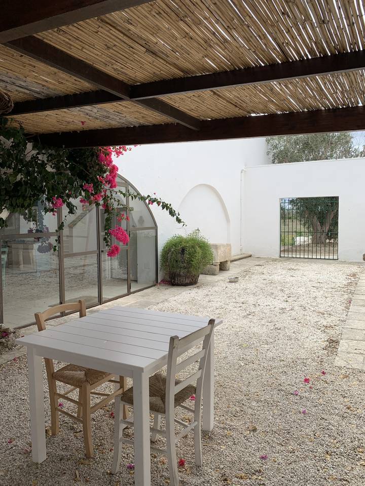 Coin salon extérieur avec fleurs et zone ombragée.