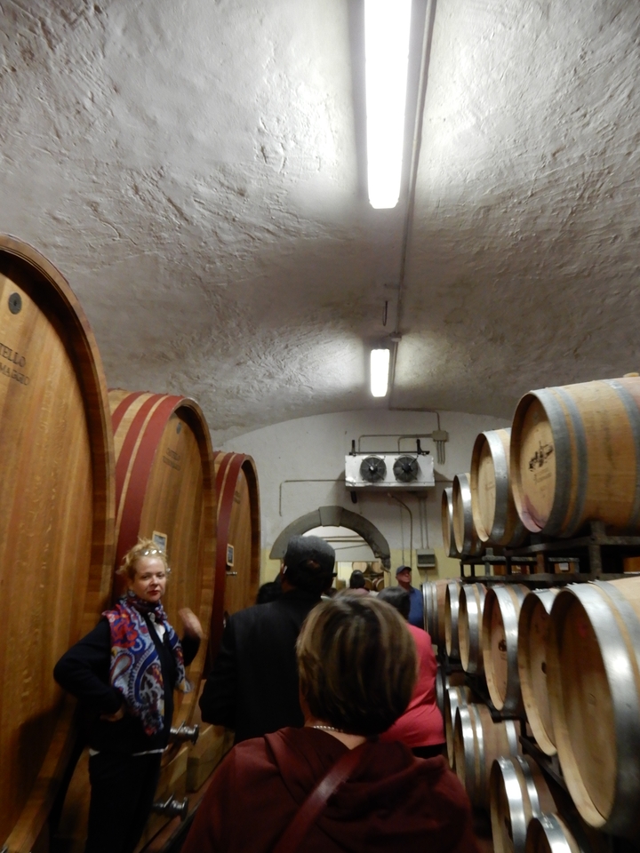 Des personnes visitant une cave à vin avec de gros tonneaux.