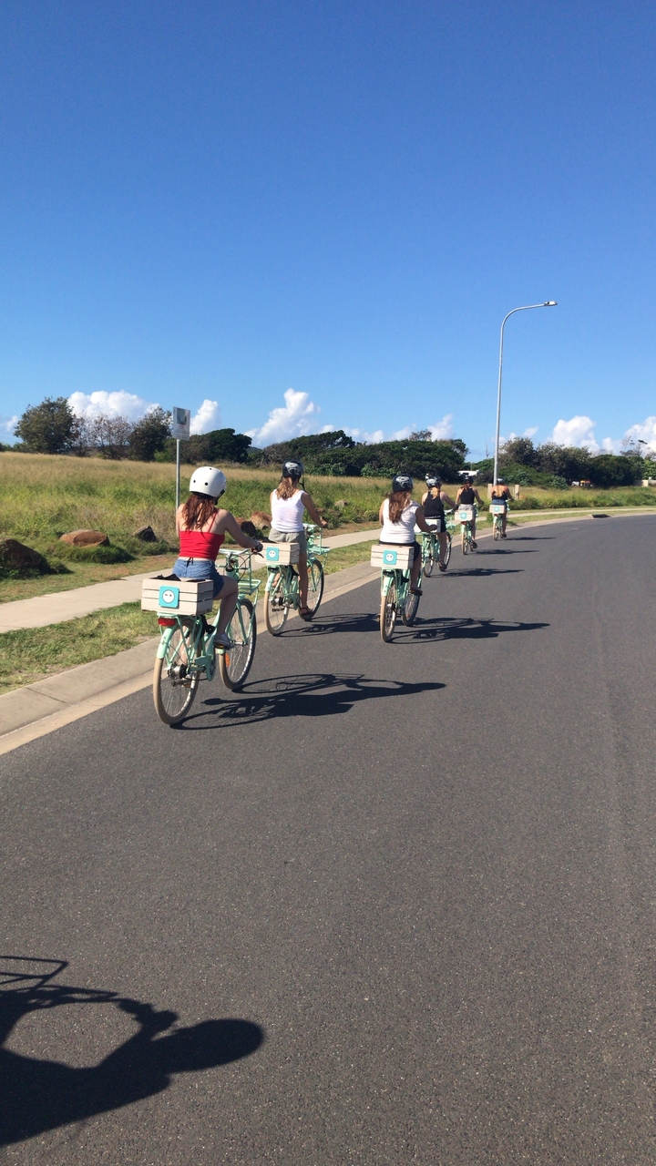 Des gens qui font du vélo sur une route bordée de verdure.