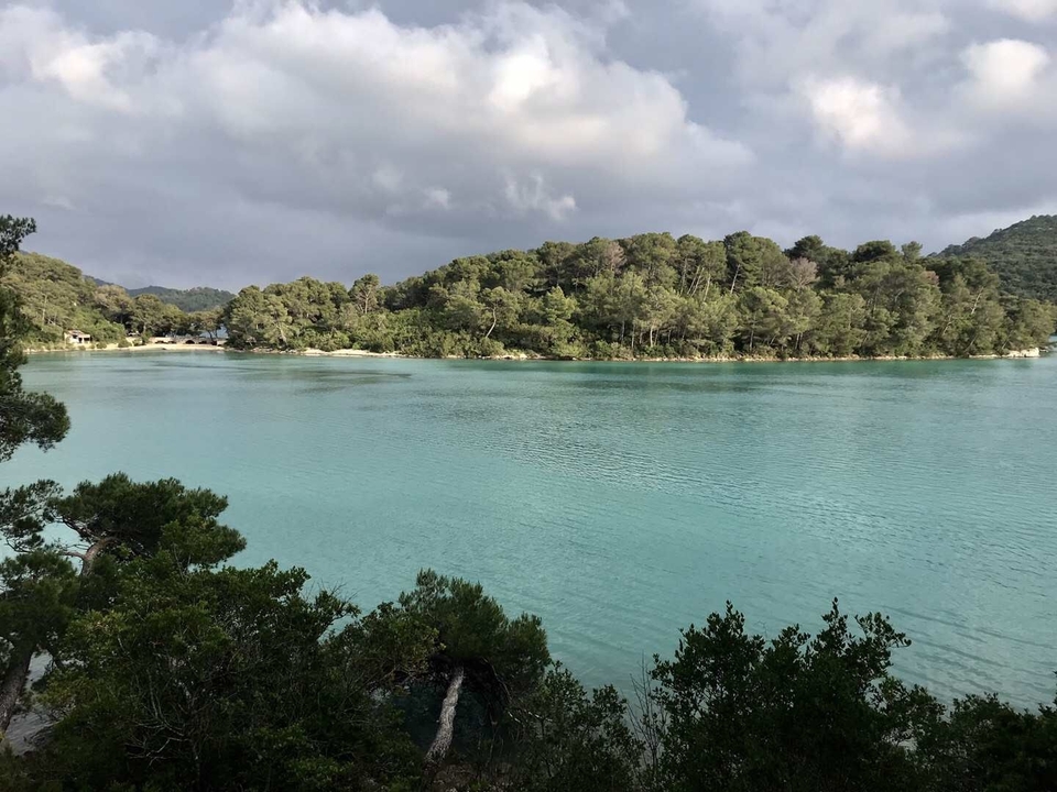 Lac turquoise avec un environnement forestier luxuriant.