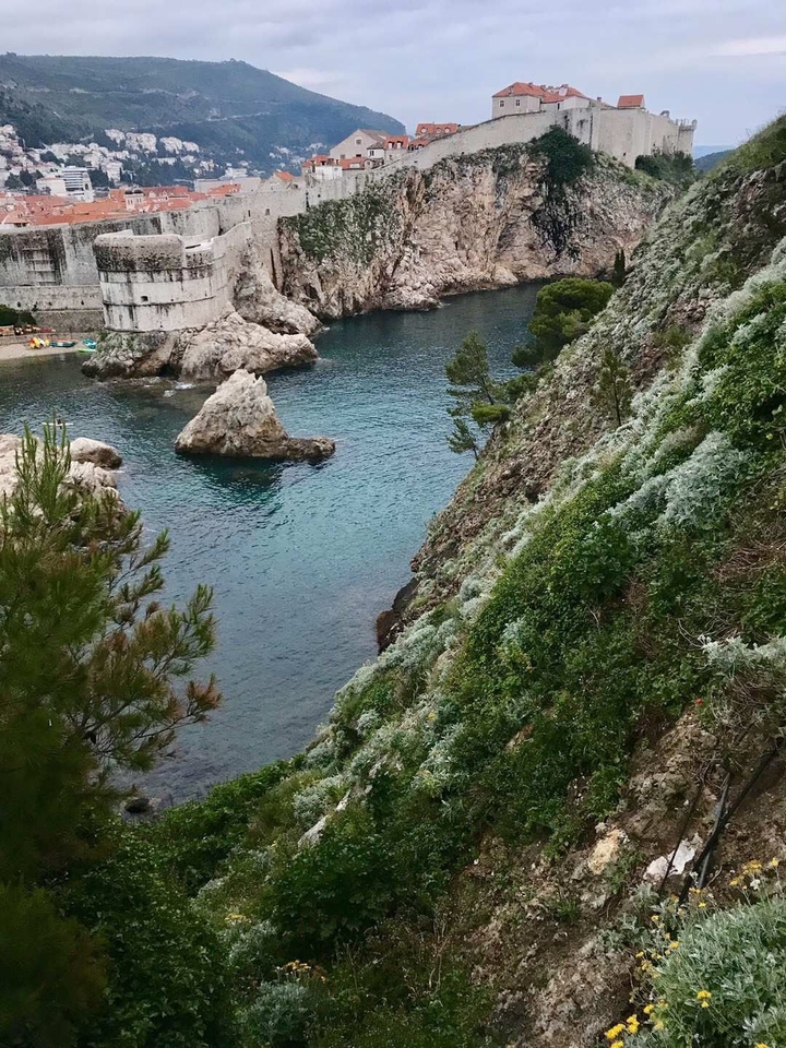 Falaise avec eau bleue et végétation verte.