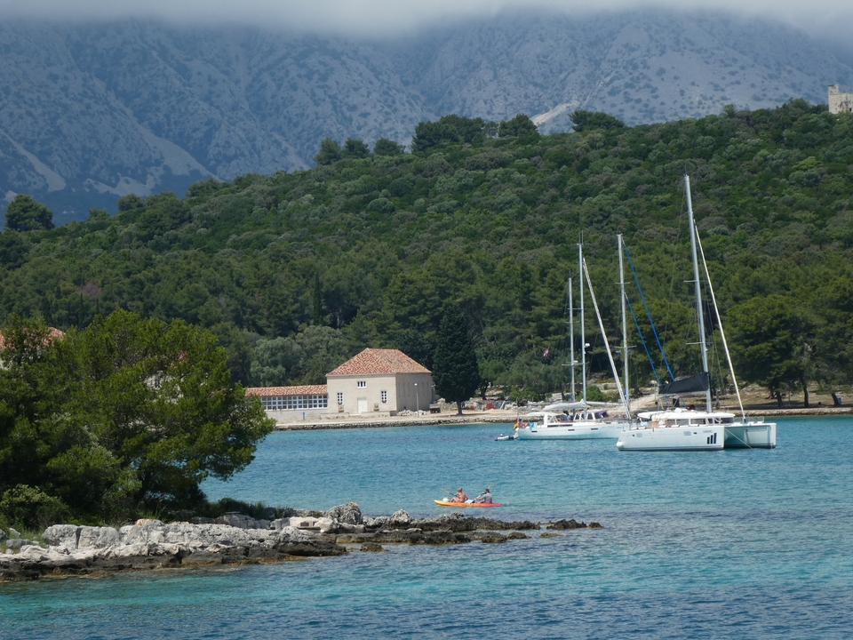 Voiliers ancrés près d'une côte rocheuse avec végétation.