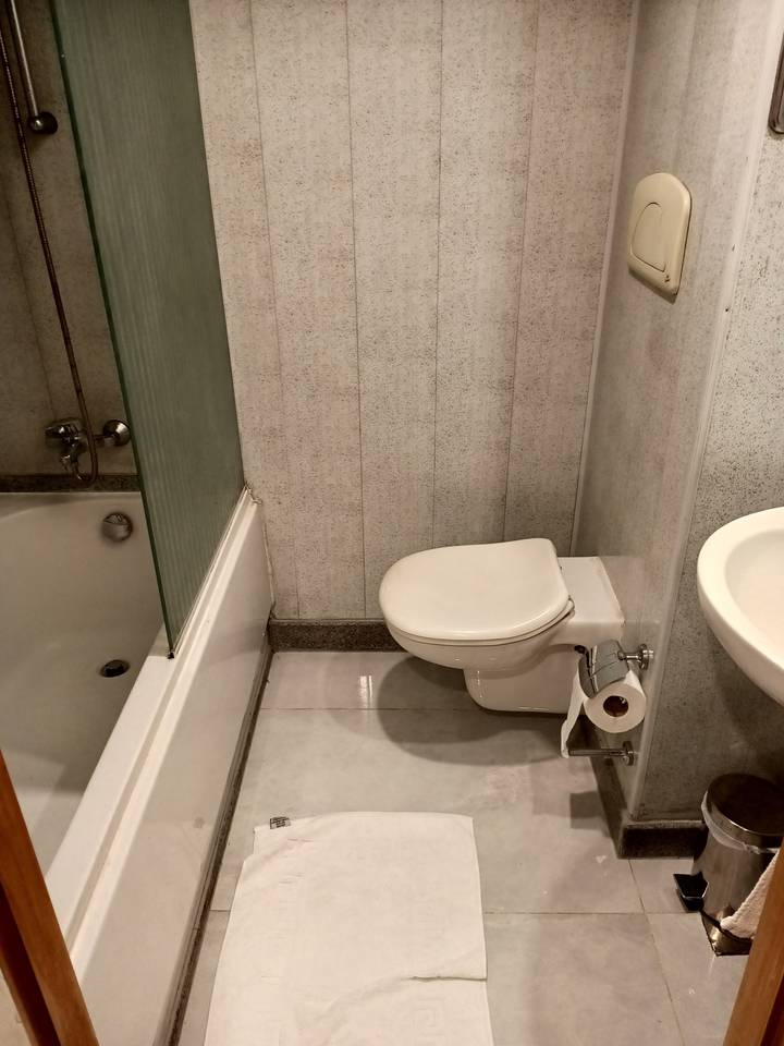 Salle de bains avec des toilettes et une serviette visibles.