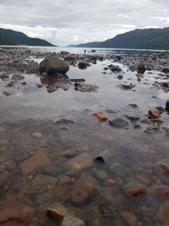 Vue rapprochée d'un plan d'eau peu profond avec des pierres colorées.