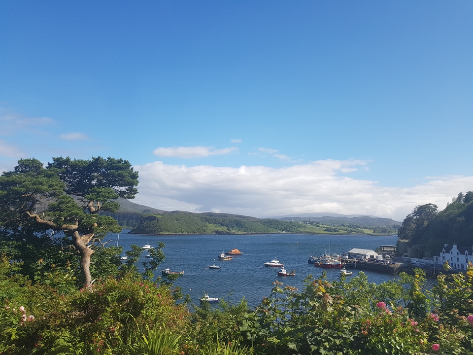 Vue d'un port avec des bateaux sous un ciel bleu.
