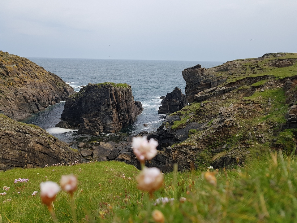 Côte rocheuse avec des vagues s'écrasant contre les falaises.