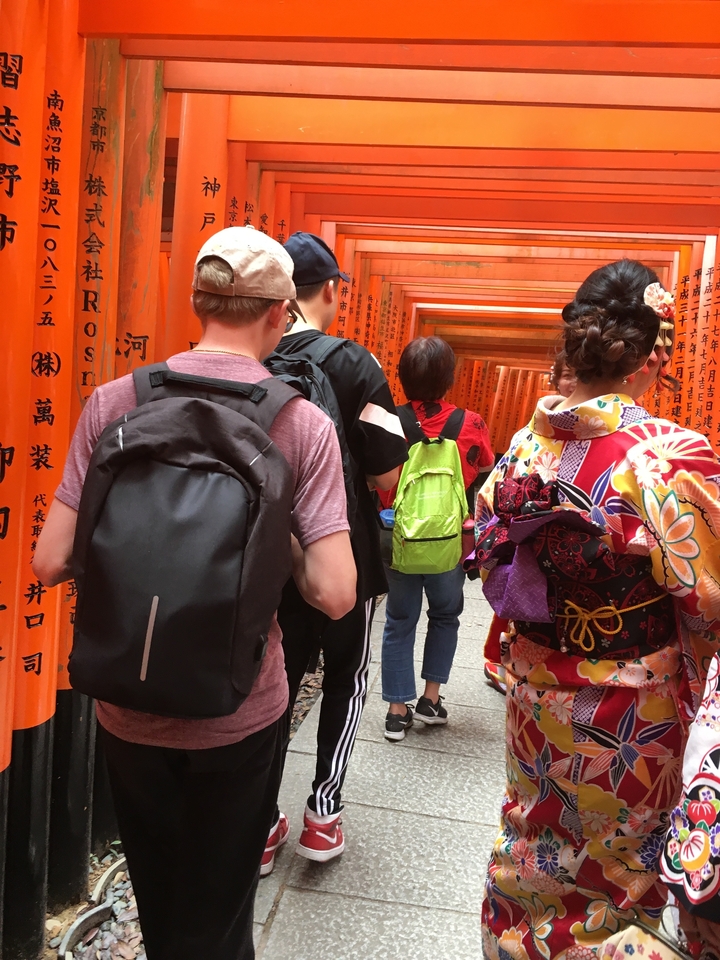 Des gens qui marchent à travers des rangées de torii orange traditionnels.