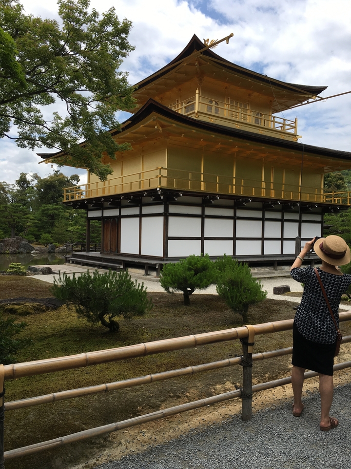 Photographe capturant un temple avec un bassin réfléchissant au premier plan.