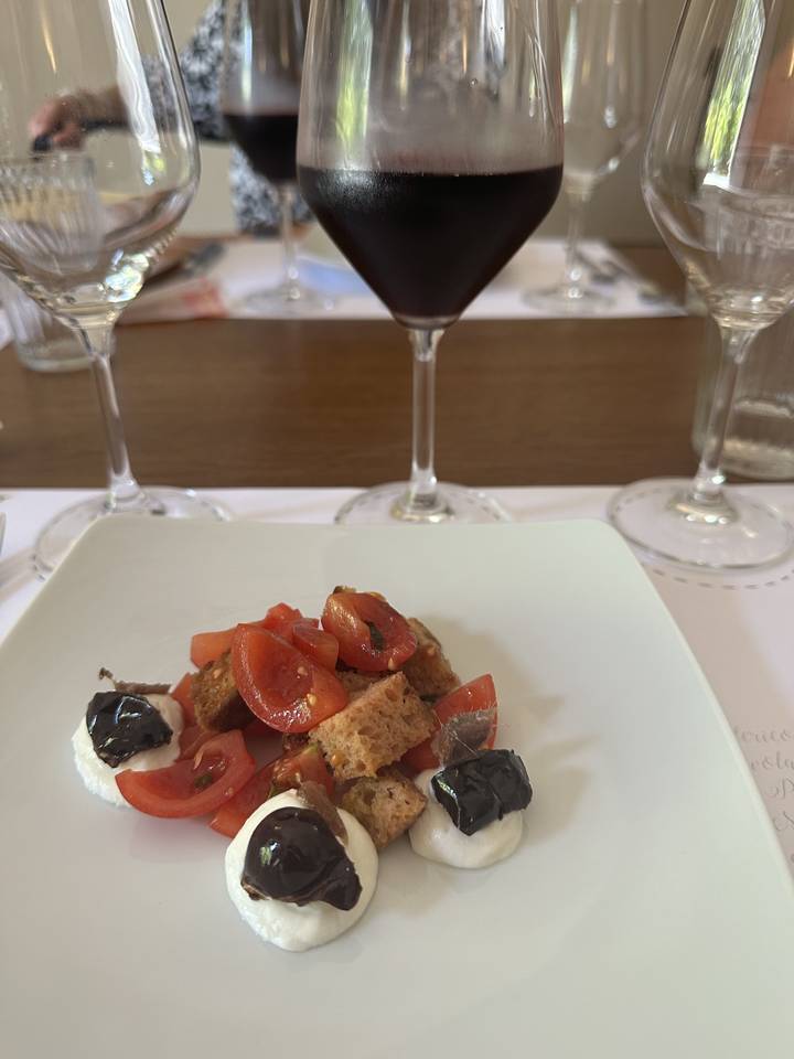 Assiette de tomates, croûtons et fromage à la crème avec un verre de vin rouge.