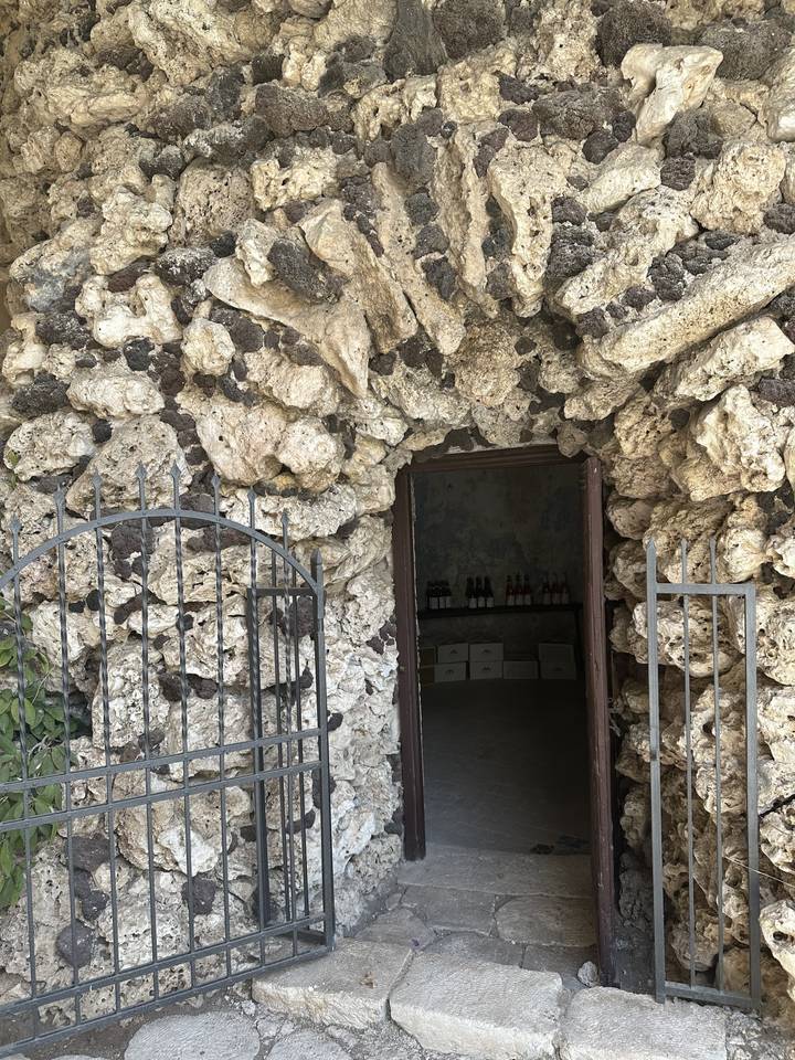 Entrée de pierre semblable à une grotte avec une grille métallique.