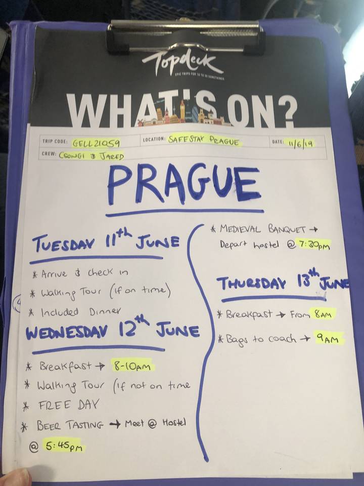Handwritten itinerary for Prague.