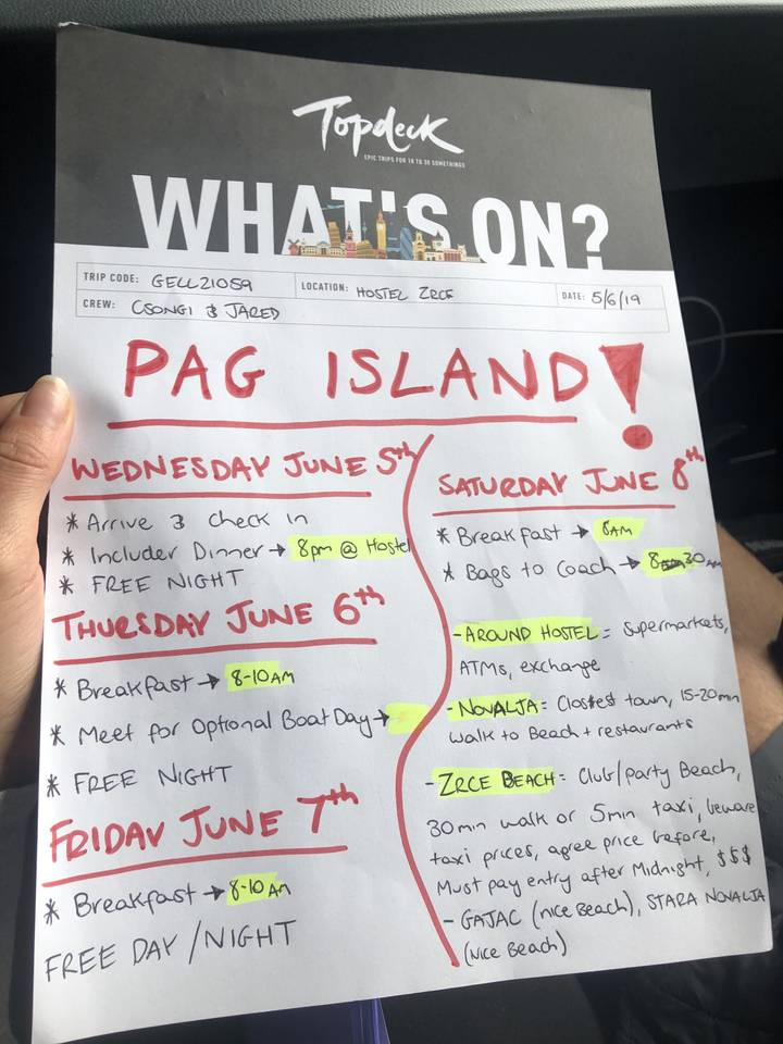 Handwritten itinerary for Pag Island.