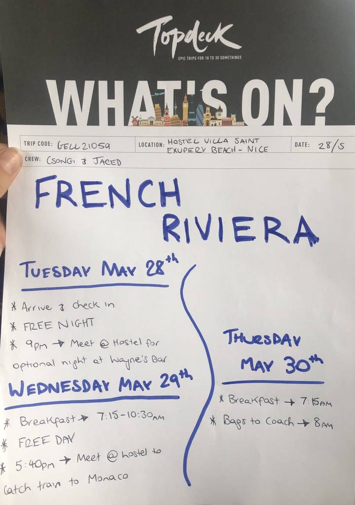 Handwritten itinerary for the French Riviera.