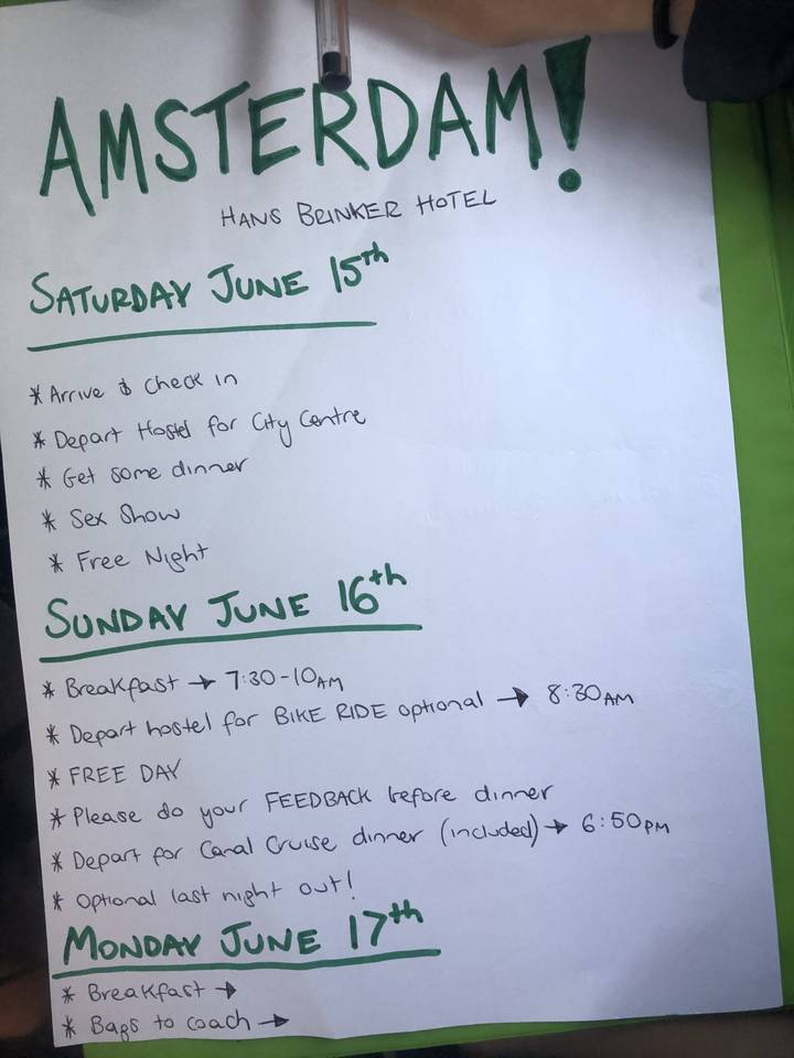 Handwritten itinerary mentioning a city center visit.