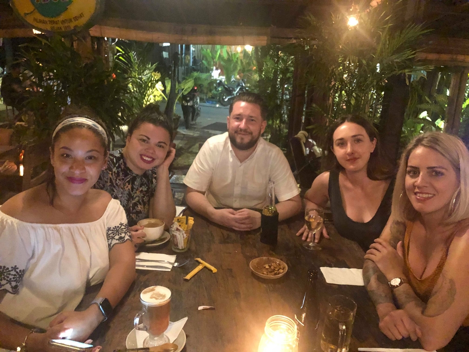 Group of people sitting at a dinner table in a restaurant.