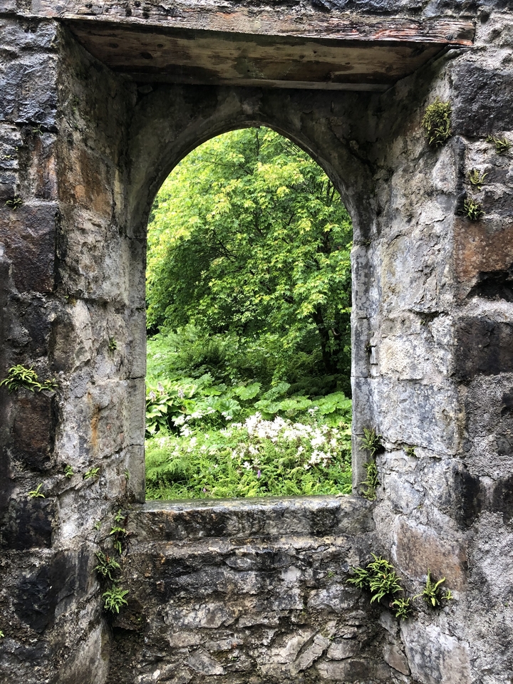 Arche de pierre menant à une zone forestière luxuriante