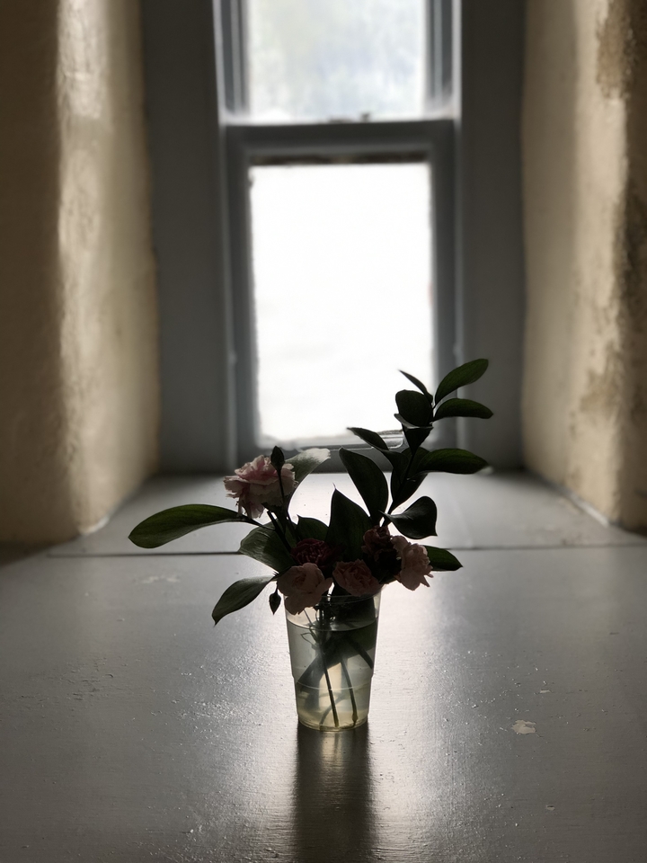 Petit bouquet de fleurs sur un rebord de fenêtre avec un soleil éclatant.