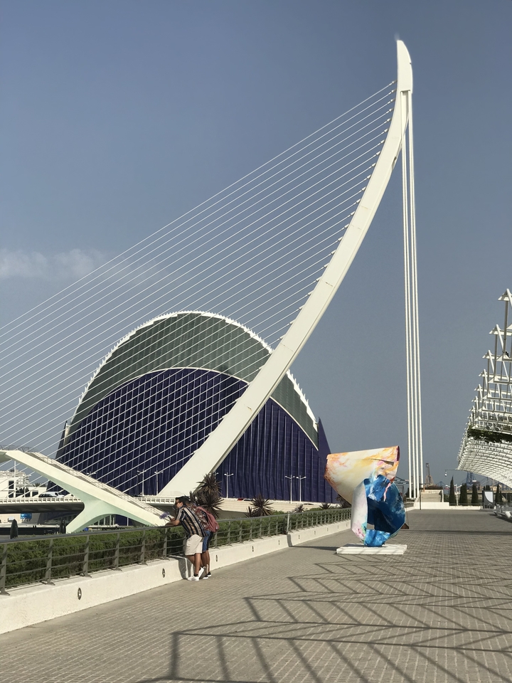 Architecture moderne de la Cité des Arts et des Sciences avec un ciel bleu dégagé.