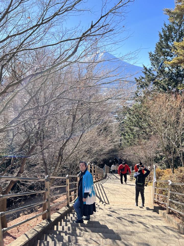 Sentier bordé d'arbres dénudés avec des gens qui marchent.