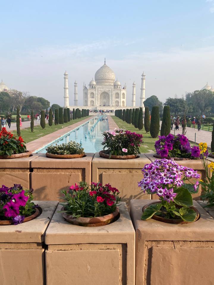 Taj Mahal vu de loin avec des jardins au premier plan.