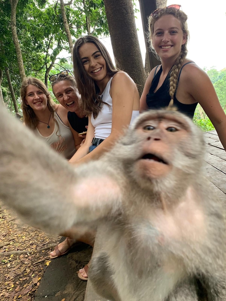 A monkey among people, with joyful expressions.