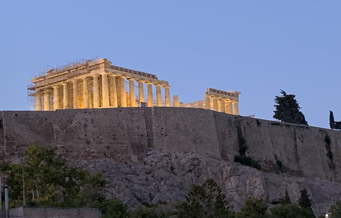 Acropolis at night with decorative lighting