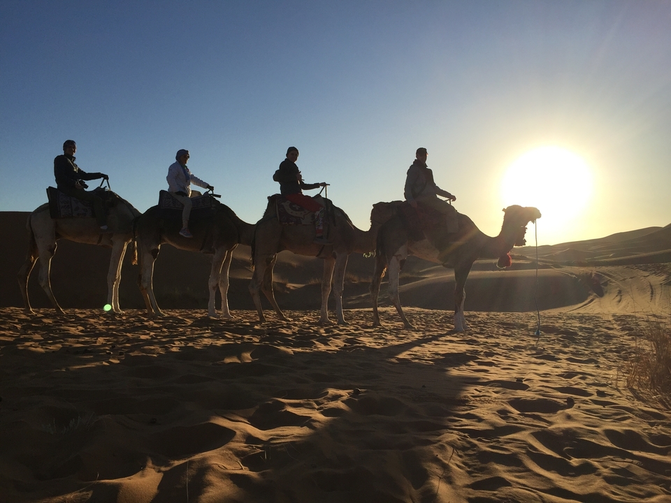 Groupe de personnes montant des chameaux contre le lever de soleil du désert.