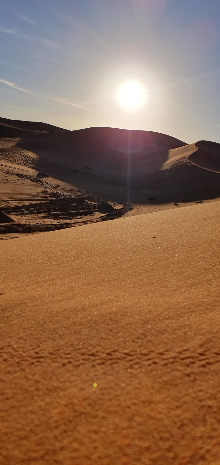 Traces et empreintes sur les dunes de sable pendant le coucher du soleil.