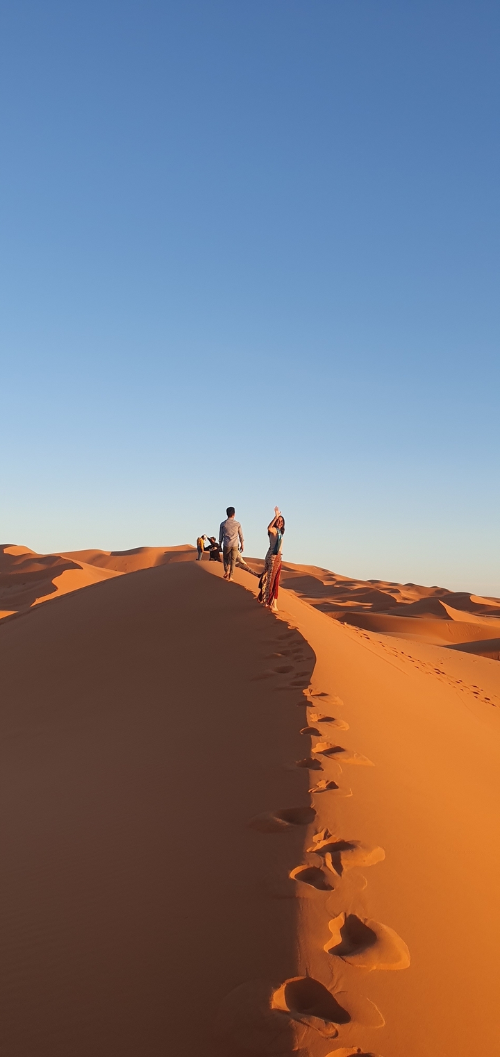 Des gens marchant sur les dunes du désert avec des ombres qui s'étendent sur le sable.