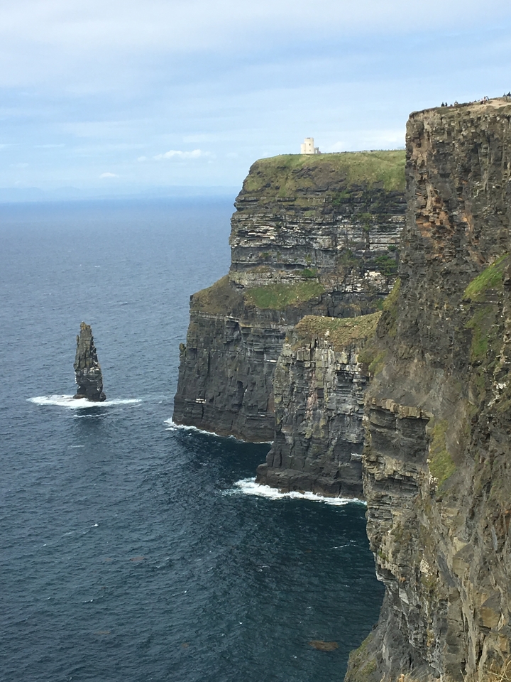 Un gros plan des falaises de Moher avec l'océan en contrebas.